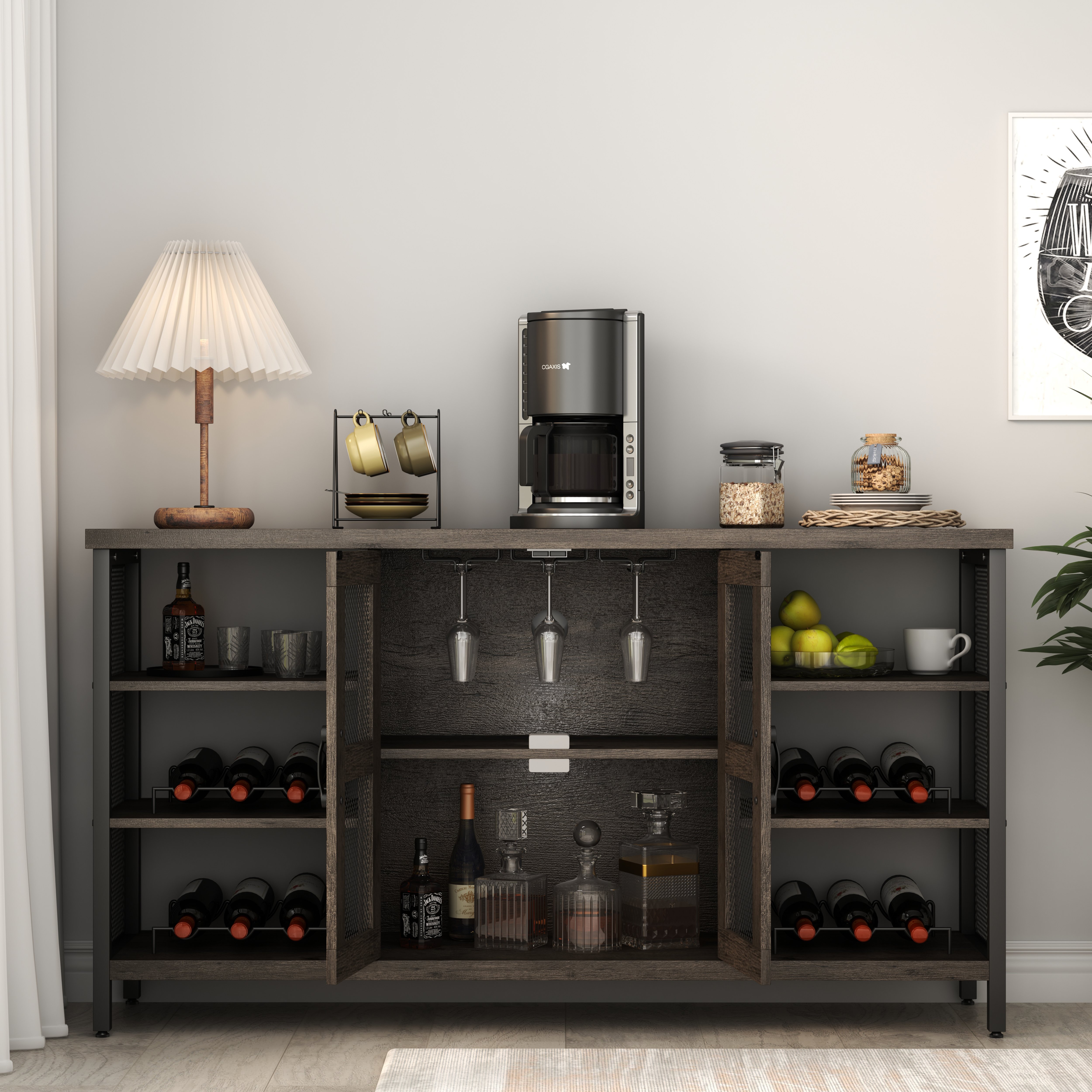 Wine Bar Cabinet for Liquor and Glasses, Rustic Wood Wine Bar Cabinet with Storage , Multifunctional Floor Wine Cabinet for Living Room(55 Inch, Black Wine Bar Cabinet for Liquor and Glasses, Rustic Wood Wine Bar Cabinet with Storage , Multifunctional Floor Wine Cabinet for Living Room(55 Inch, Black
