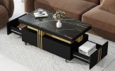 ON-TREND Contemporary Coffee Table with Faux Marble Top, Rectangle Cocktail Table with Caster Wheels, Moderate Luxury Center Table with Gold Metal Bar