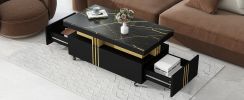 ON-TREND Contemporary Coffee Table with Faux Marble Top, Rectangle Cocktail Table with Caster Wheels, Moderate Luxury Center Table with Gold Metal Bar