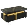 ON-TREND Contemporary Coffee Table with Faux Marble Top, Rectangle Cocktail Table with Caster Wheels, Moderate Luxury Center Table with Gold Metal Bar