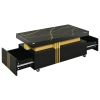 ON-TREND Contemporary Coffee Table with Faux Marble Top, Rectangle Cocktail Table with Caster Wheels, Moderate Luxury Center Table with Gold Metal Bar