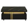 ON-TREND Contemporary Coffee Table with Faux Marble Top, Rectangle Cocktail Table with Caster Wheels, Moderate Luxury Center Table with Gold Metal Bar